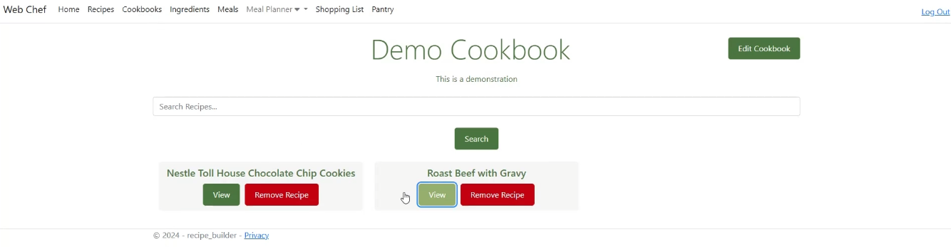 Screenshot of view for Web Chef application showing Cookbook view.