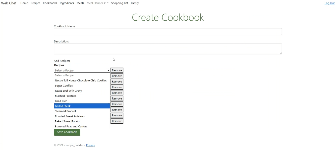Screenshot of view for Web Chef application showing adding a Cookbook.