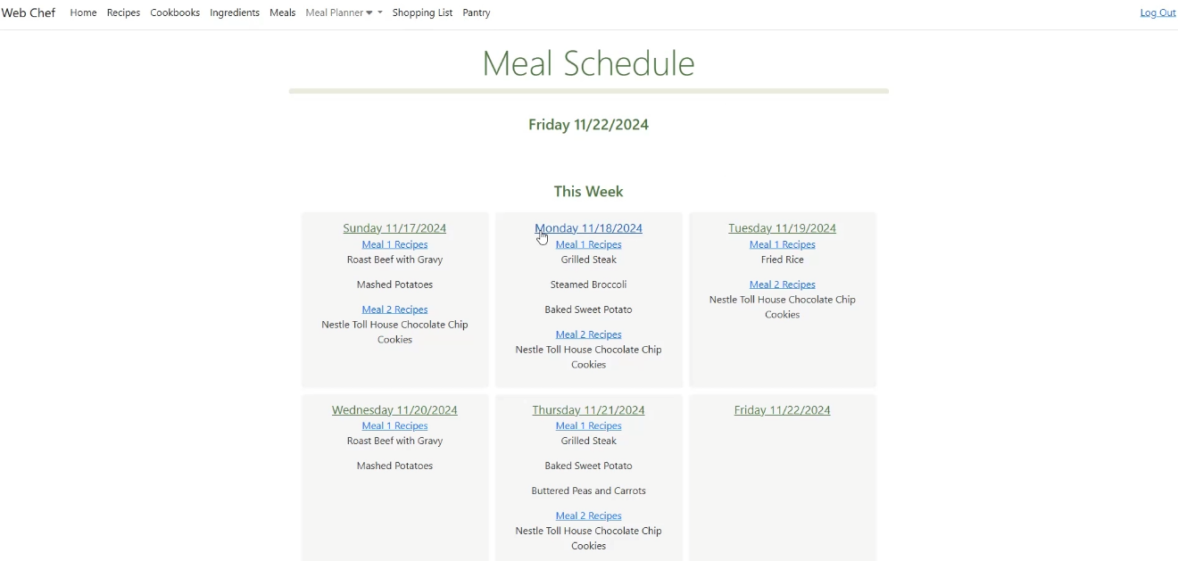 Screenshot of view for Web Chef application showing the meal schedule overview page.