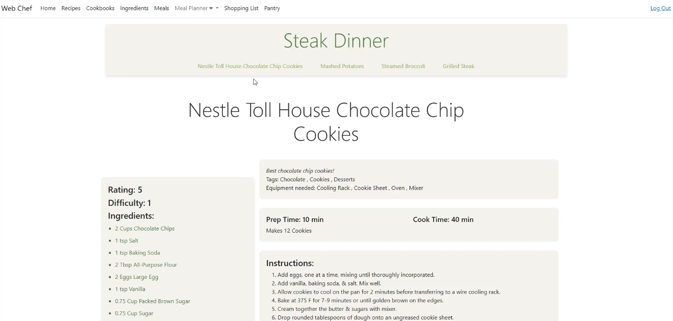 Screenshot of view for Web Chef application showing the meal view.