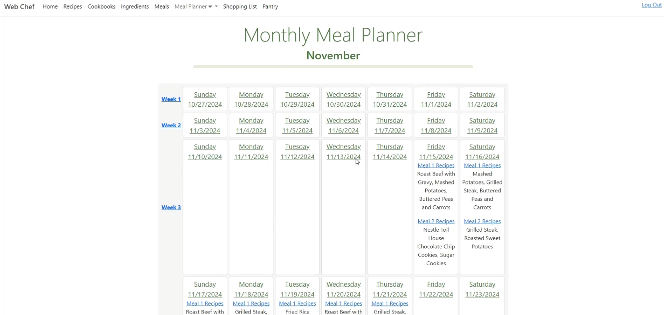 Screenshot of view for Web Chef application showing the monthly view for the meal planner.