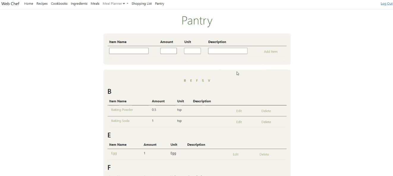 Screenshot of view for Web Chef application showing the pantry view.