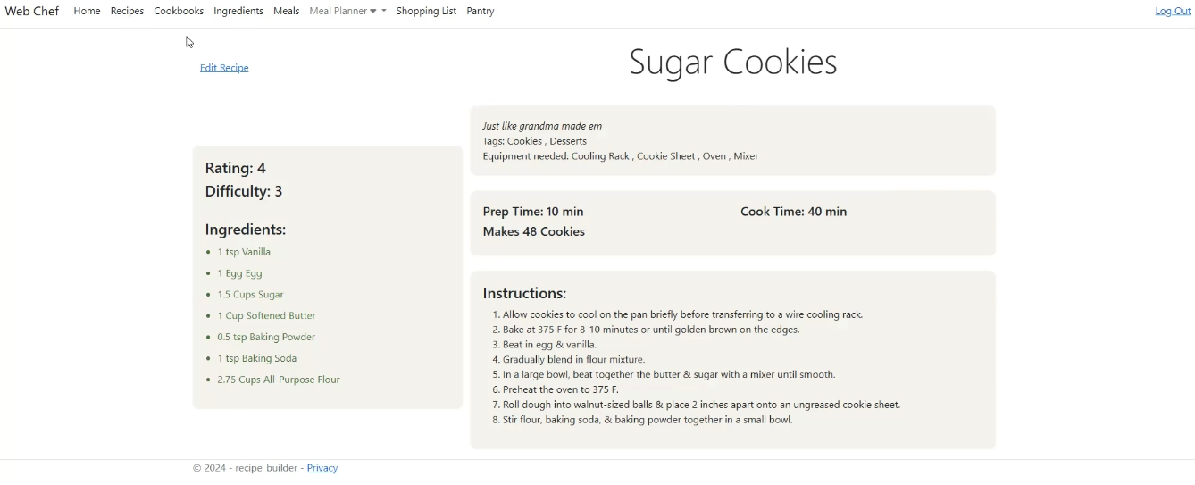Screenshot of view for Web Chef application showing the recipe card view.