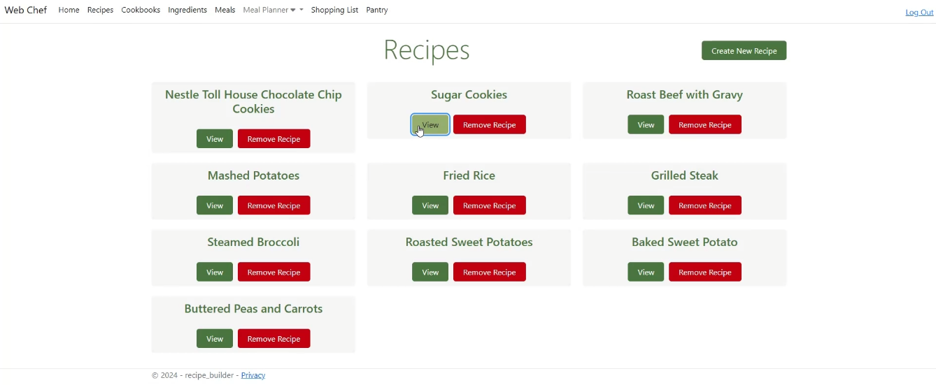 Screenshot of Recipes Page for Web Chef application showing the user's list of recipes.