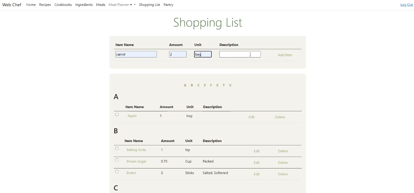 Screenshot of view for Web Chef application showing the shopping list view.