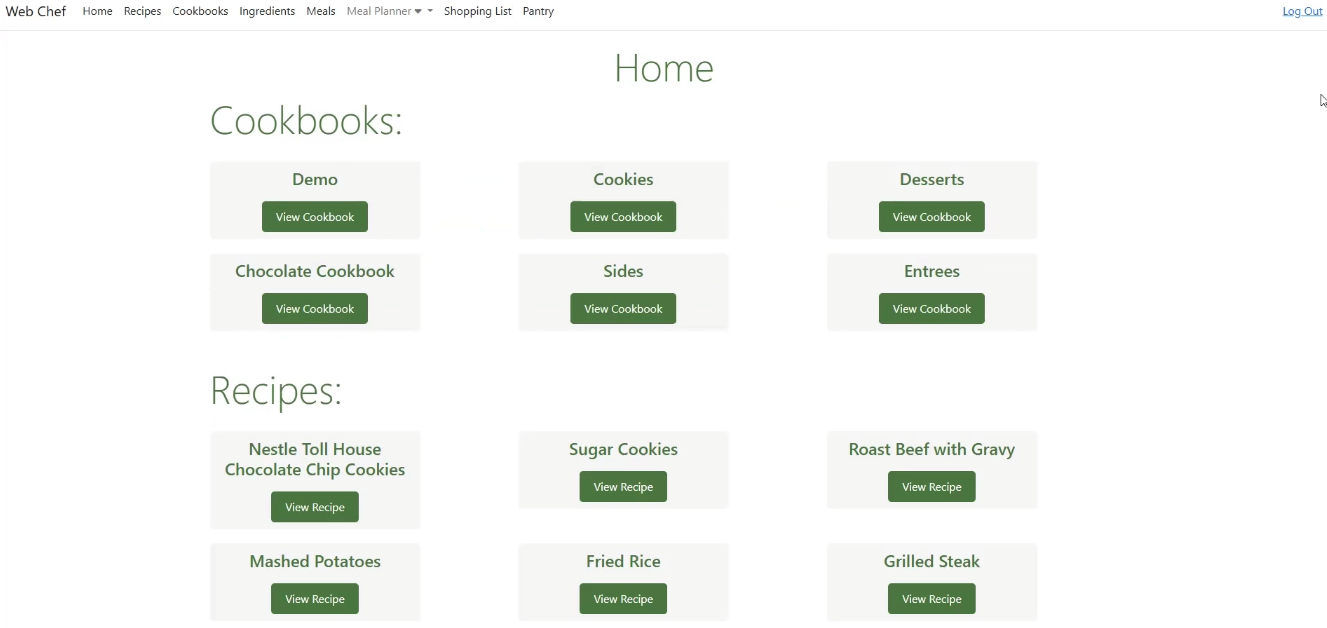 Screenshot of logged-in user home page view for Web Chef application showing user recipes and cookbooks.
