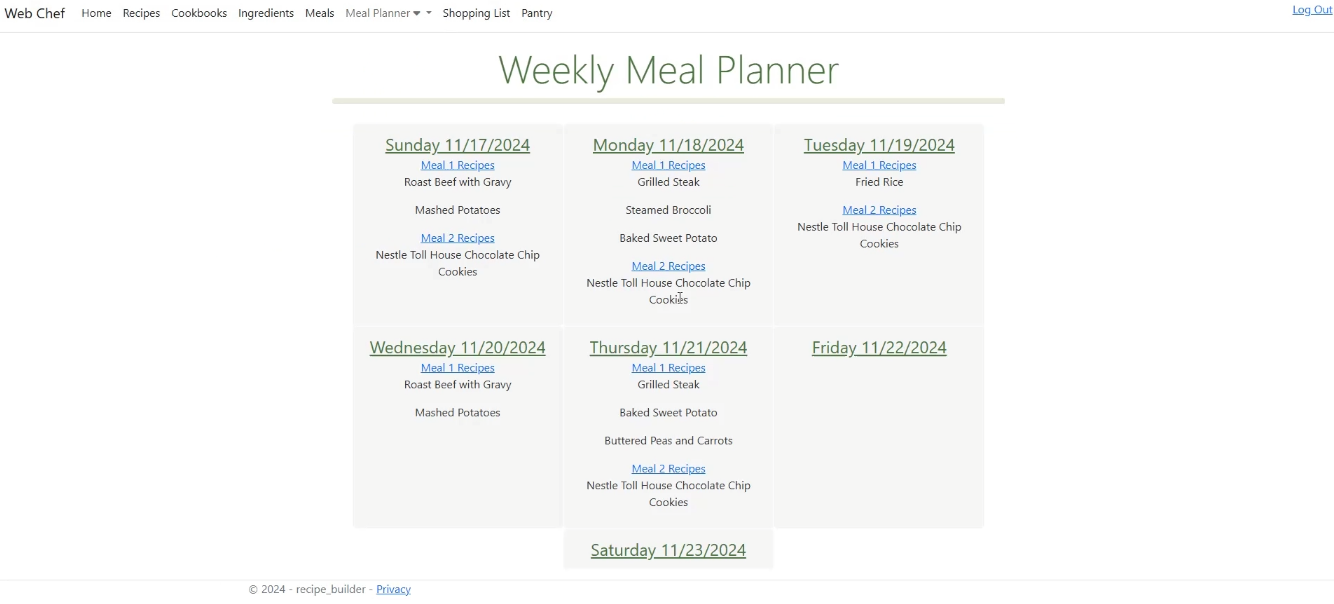 Screenshot of view for Web Chef application showing the weekly view for the meal planner.