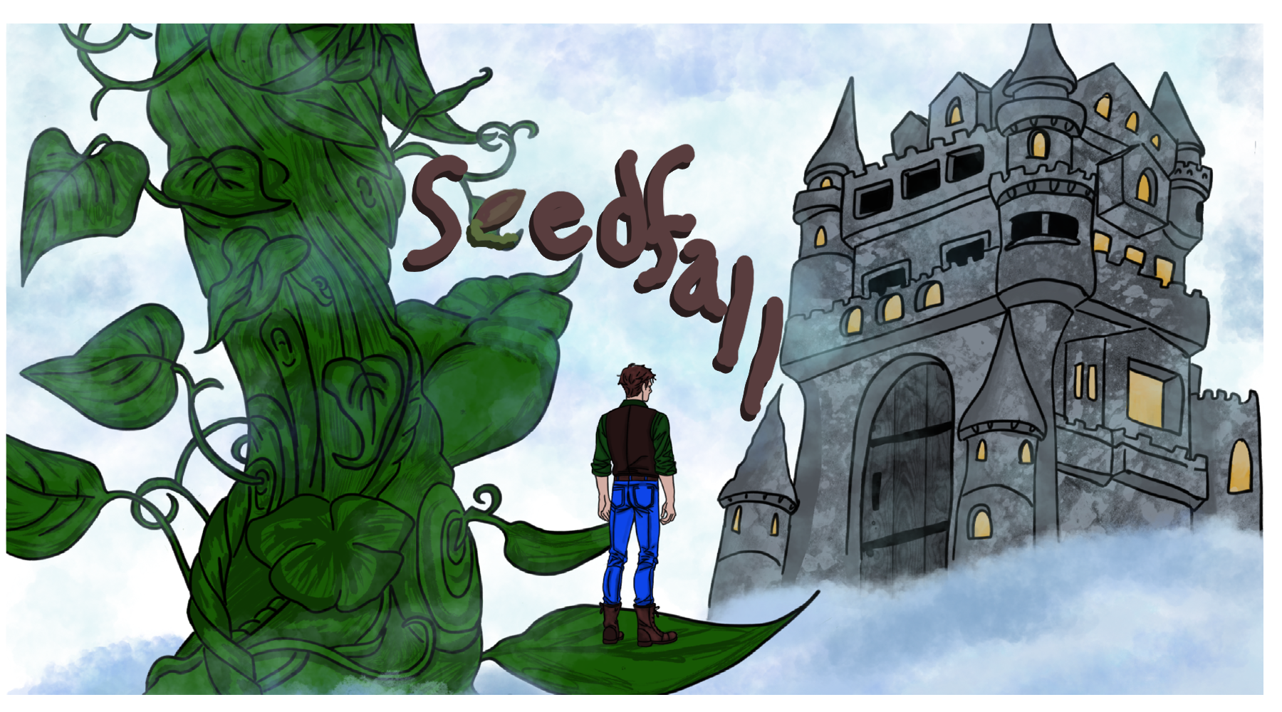 Drawn image of man standing on the leaf of a giant beanstalk above the clouds, staring at a castle. Image labeled with the game title, Seedfall.